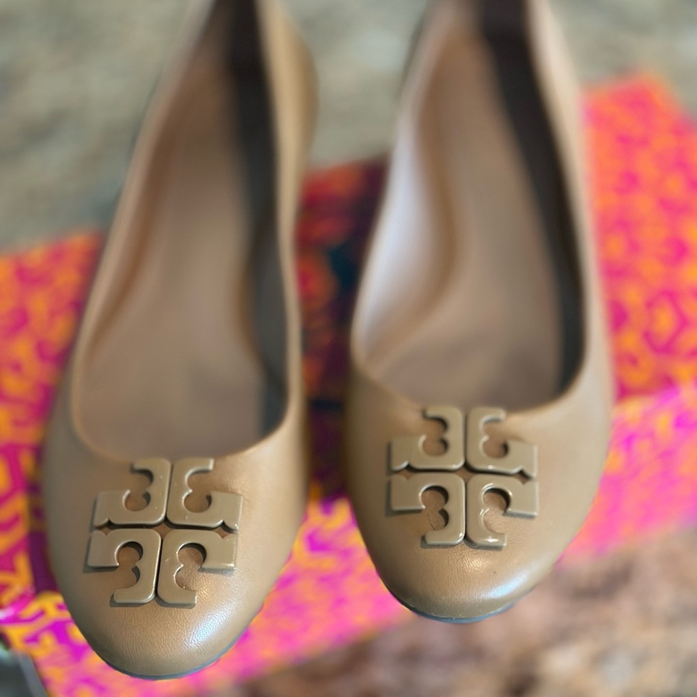 Tory Burch Tan Flats with Signature Logo